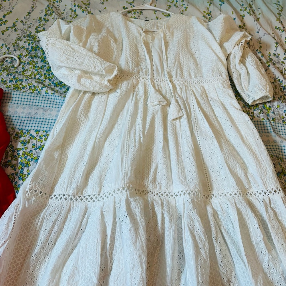 Women's White Eyelet Cotton Maxi Dress with Puff Sleeves